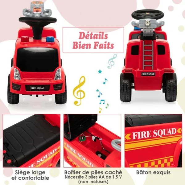 Porteur - Camion de Pompiers pour Enfants Musique Phares Sirène Klaxon 18-36 Mois Rouge