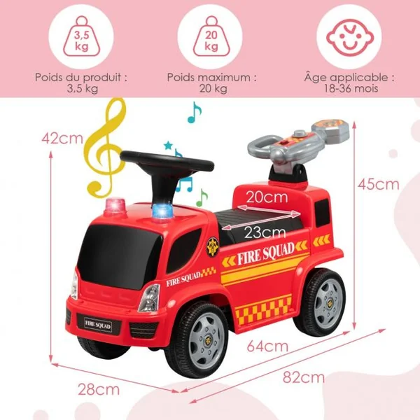 Porteur - Camion de Pompiers pour Enfants Musique Phares Sirène Klaxon 18-36 Mois Rouge