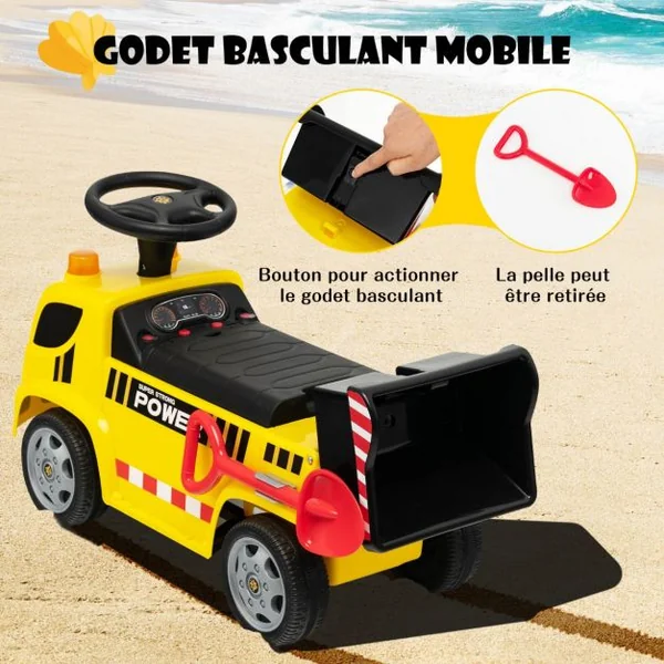 Porteur Camion pour Enfants avec Sirène Musique et Phares Seau Basculant et Pelle Amovible 18 à 36 Mois Jaune