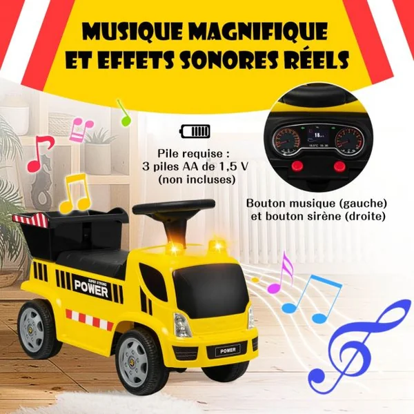Porteur Camion pour Enfants avec Sirène Musique et Phares Seau Basculant et Pelle Amovible 18 à 36 Mois Jaune