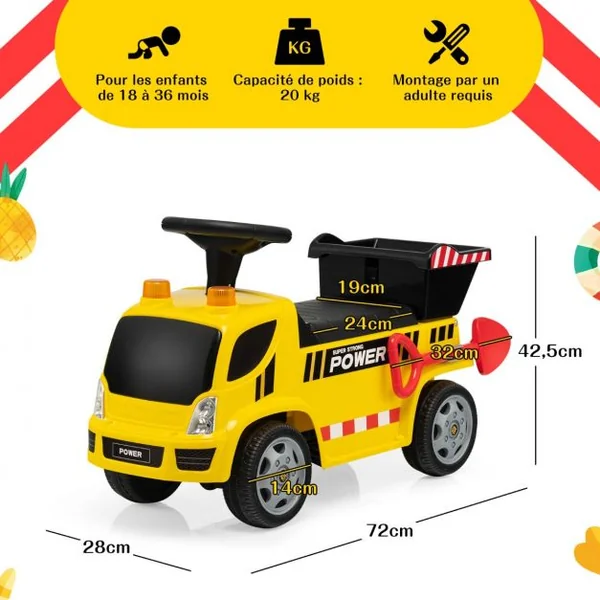 Porteur Camion pour Enfants avec Sirène Musique et Phares Seau Basculant et Pelle Amovible 18 à 36 Mois Jaune