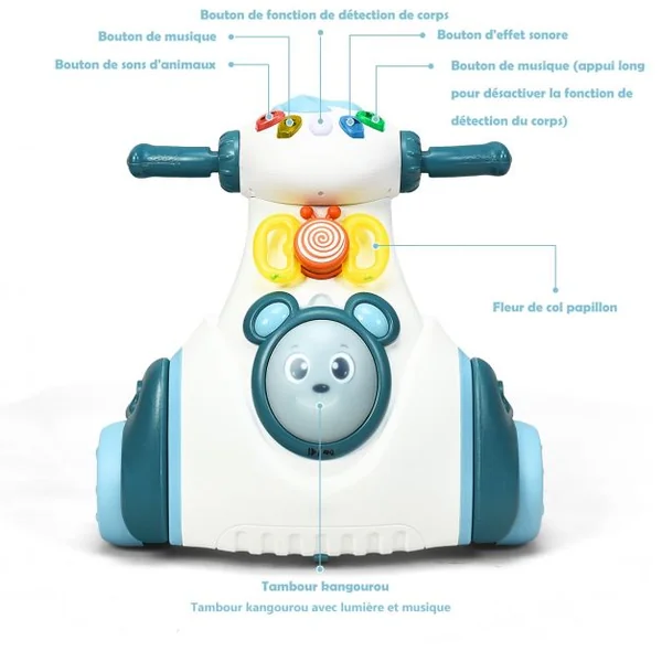 Porteur Enfant Draisienne pour Apprentissage de l'Equilibre avec Musique et Lumière Bleu