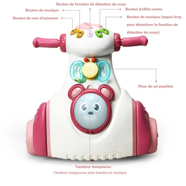 Porteur Enfant Draisienne pour Apprentissage de l'Equilibre avec Musique et Lumière Rose