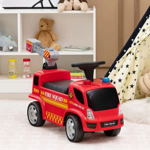 Porteur pour Enfants avec Machine à Bulles Lumineux Sirène Sonore et Musique Camion de Pompiers à Pousser Rouge