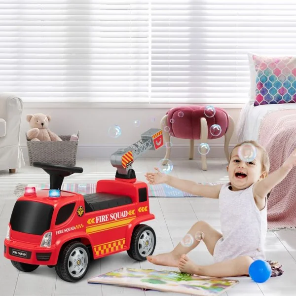 Porteur pour Enfants avec Machine à Bulles Lumineux Sirène Sonore et Musique Camion de Pompiers à Pousser Rouge