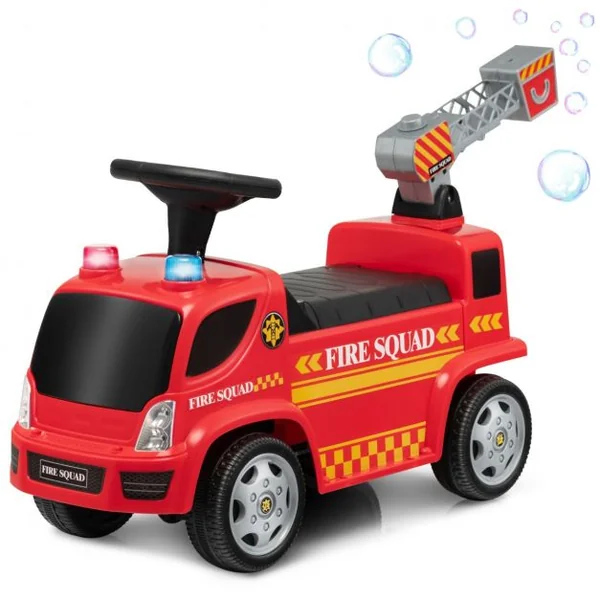 Porteur pour Enfants avec Machine à Bulles Lumineux Sirène Sonore et Musique Camion de Pompiers à Pousser Rouge