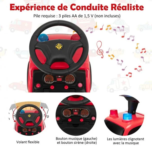 Porteur pour Enfants avec Machine à Bulles Lumineux Sirène Sonore et Musique Camion de Pompiers à Pousser Rouge