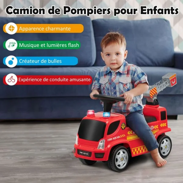 Porteur pour Enfants avec Machine à Bulles Lumineux Sirène Sonore et Musique Camion de Pompiers à Pousser Rouge