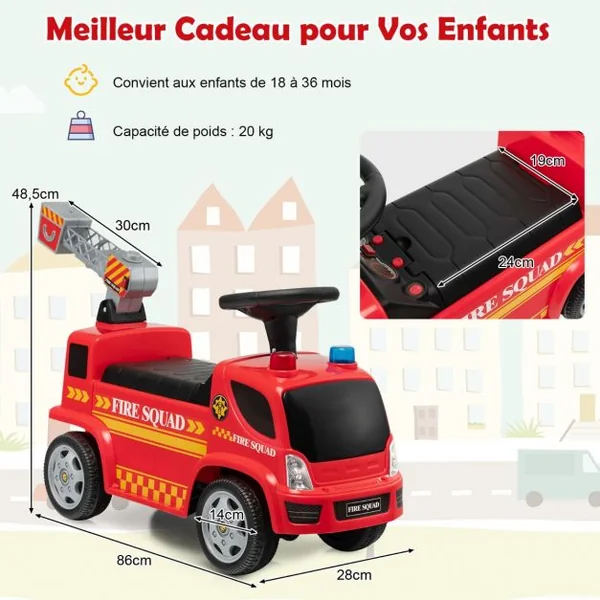 Porteur pour Enfants avec Machine à Bulles Lumineux Sirène Sonore et Musique Camion de Pompiers à Pousser Rouge