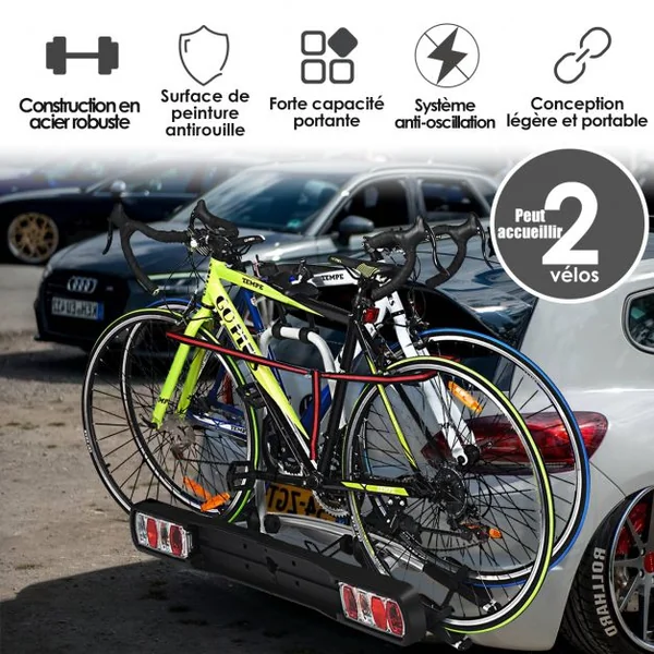 Porte-vélos pour Attelage sur SUV Berline Fourgon pour 2 Vélos Conception Intelligente de Basculement 113x72x63cm