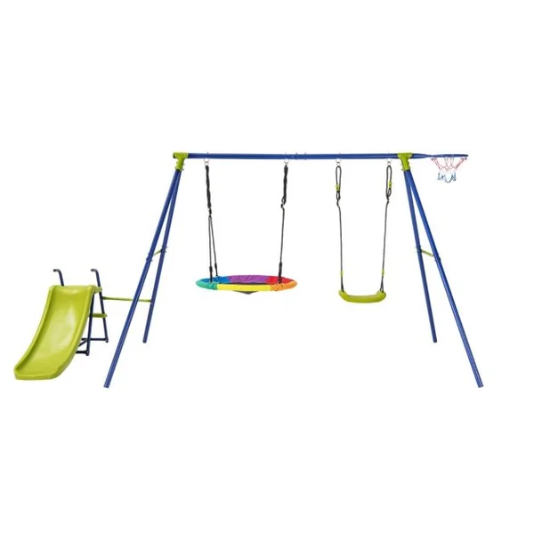 Portique de Balançoire 4 en 1 avec Toboggan Balançoire Panier de Basket Nid d'Oiseau Ø82 cm Charge 50kg pour 4 Enfants de 3-12 Ans