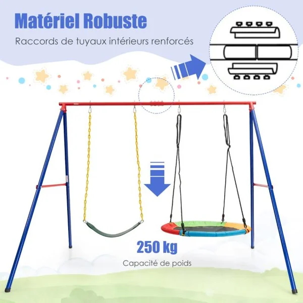 Portique de Balançoire en Métal avec Structure en A Support de Balançoire en Acier avec Tapis Antidérapant Charge 250kg 260 x 182 x 182 CM