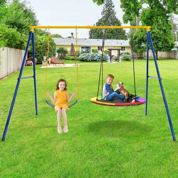 Portique Métal 249 x 185 x 181,5 cm avec Piquets d’Ancrage Mousquetons Charge Max 300KG Pour 2 Balançoires (Non Inclus)