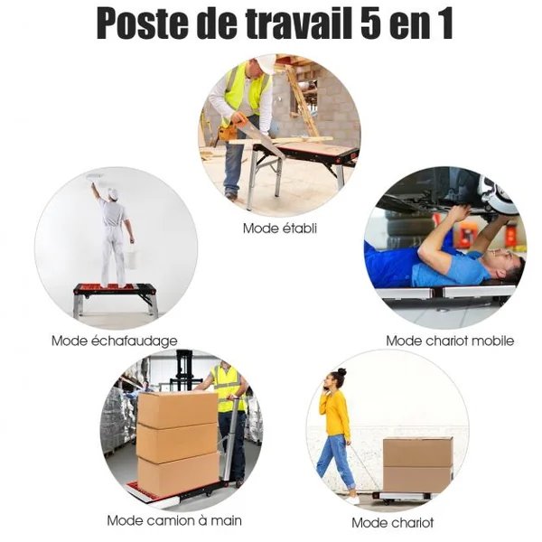 Poste de Travail Pliant à Roulettes 5 en 1 Etabli Chariot Diable Chariot de Mécanicien Echafaudage en Fer et Aluminium