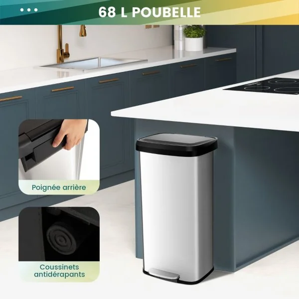 Poubelle 68 Litres à Pédale 40 x 38 x 78 CM en Acier Inox Anti-Empreintes Fermeture Amortie Ultra-Silencieuse Argent