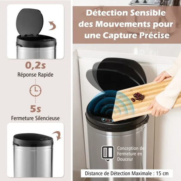Poubelle Automatique de 30 L Cadre en Acier Inoxydable Résistante aux Empreintes Digitales Poubelle sans Contact Argent
