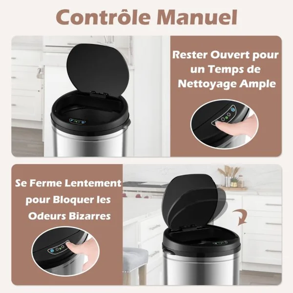 Poubelle Automatique de 30 L Cadre en Acier Inoxydable Résistante aux Empreintes Digitales Poubelle sans Contact Argent