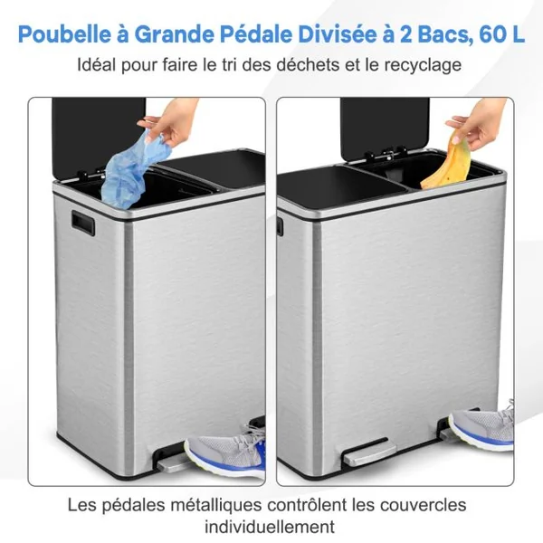 Poubelle de Cuisine à Pétal - 2 Compartiments (2 x 30L) 2 Seaux Intérieurs en PP avec Poignées Fermeture en Douceur