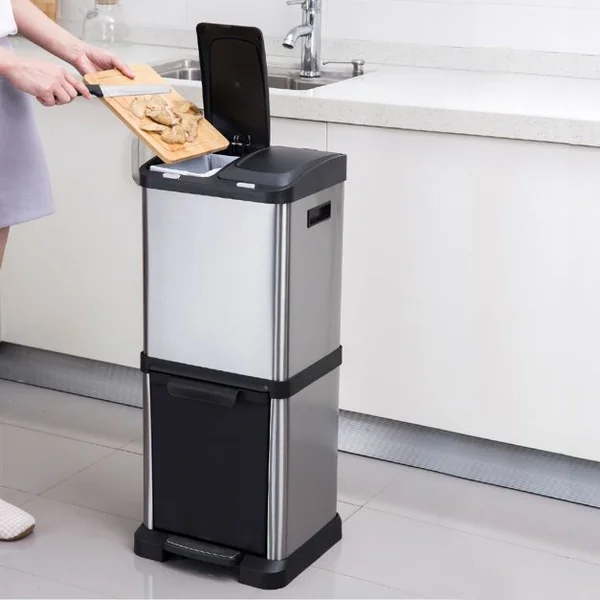 Poubelle de Tri Sélectif 3 Bacs de 8L+8L+16L Poignée Latérale en Acier Inoxydable PP ABS 30x32x77cm Noir + Argenté