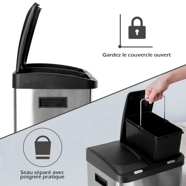 Poubelle de Tri Sélectif 3 Bacs de 8L+8L+16L Poignée Latérale en Acier Inoxydable PP ABS 30x32x77cm Noir + Argenté