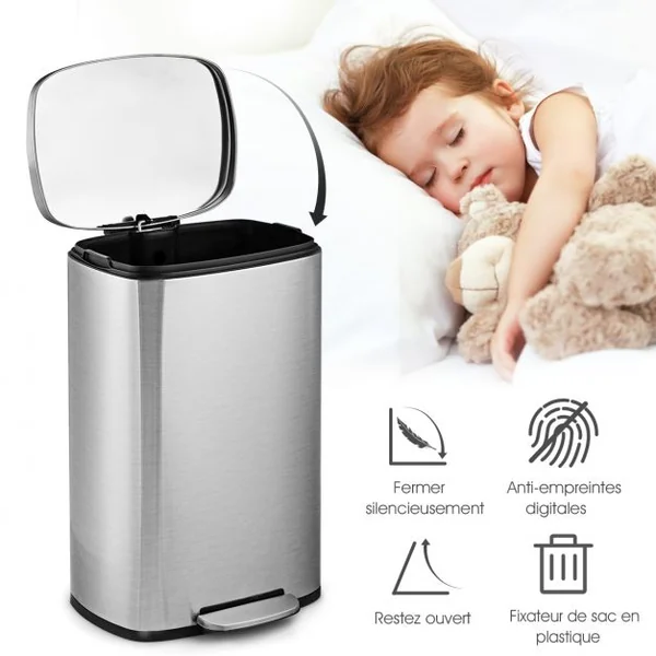 Poubelle à Pédale Acier en inox. 50L avec Couvercle Anti-odeur Souple Intérieur en Plastique