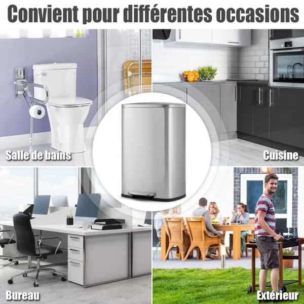 Poubelle à Pédale Acier en inox. 50L avec Couvercle Anti-odeur Souple Intérieur en Plastique