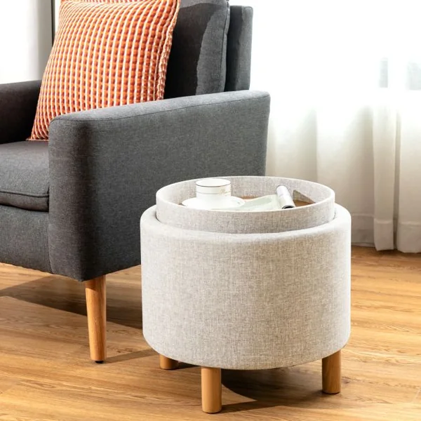 Pouf de Rangement Rond avec Plateau Repose-pied de Rangement avec Rembourrage Doux Tabouret en Tissu PE avec Pieds Gris