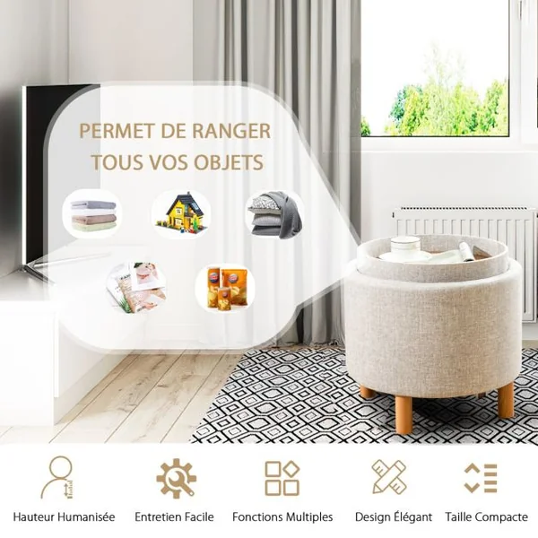 Pouf de Rangement Rond avec Plateau Repose-pied de Rangement avec Rembourrage Doux Tabouret en Tissu PE avec Pieds Gris