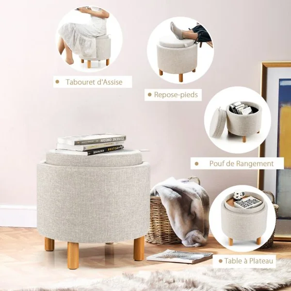 Pouf de Rangement Rond avec Plateau Repose-pied de Rangement avec Rembourrage Doux Tabouret en Tissu PE avec Pieds Gris