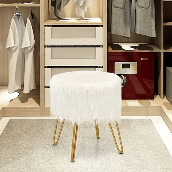 Pouf en Imitation Fourrure avec 4 Pieds en Métal Doré Charge 150 KG Design Compact et Élégant Dia.35, 5 x 46 CM Blanc