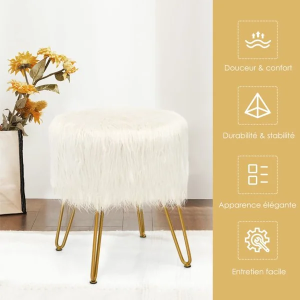 Pouf en Imitation Fourrure avec 4 Pieds en Métal Doré Charge 150 KG Design Compact et Élégant Dia.35, 5 x 46 CM Blanc