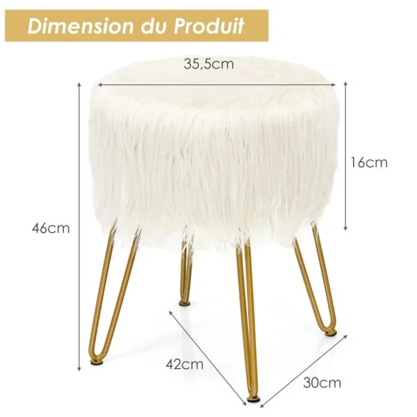 Pouf en Imitation Fourrure avec 4 Pieds en Métal Doré Charge 150 KG Design Compact et Élégant Dia.35, 5 x 46 CM Blanc