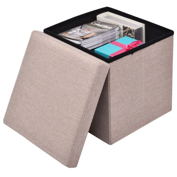 Pouf Repose-pieds Tabouret Siège d’appoint Coffre de rangement 54L en Tissu Oxford et bois Pliable 38x38x38cm Beige