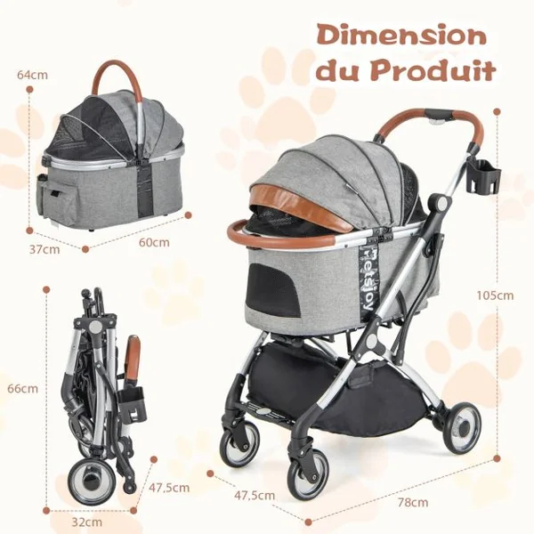 Poussette Buggy Pliable Animaux avec Porte-gobelet Panier de Rangement pour Chat Chien avec Housse Imperméable Pare-soleil Gris
