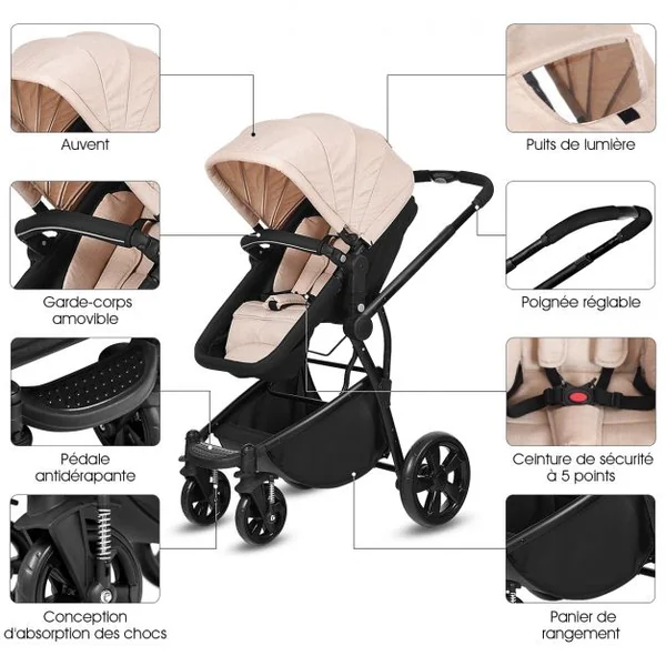 Poussette Bébé Combiné 2 en 1 Poussette Canne Poussette Landau Pliable pour Enfants de 0-36 Mois 97,5x58,5x95cm Beige