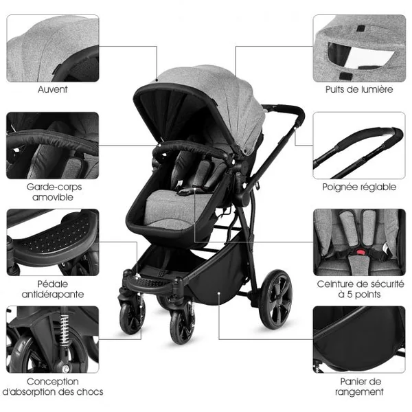 Poussette Bébé Combiné 2 en 1 Poussette Canne Poussette Landau Pliable pour Enfants de 0-36 Mois 97,5x58,5x95cm Gris