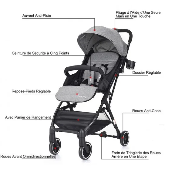 Poussette bébé enfant 2 en 1 avec la Ceinture de sécurité 5 Points Pliable Ultra compacte, 81x47,5x104cm, Gris