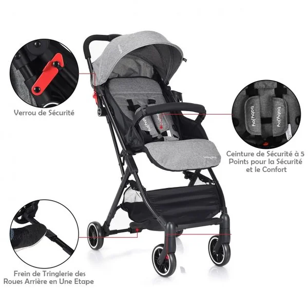 Poussette bébé enfant 2 en 1 avec la Ceinture de sécurité 5 Points Pliable Ultra compacte, 81x47,5x104cm, Gris