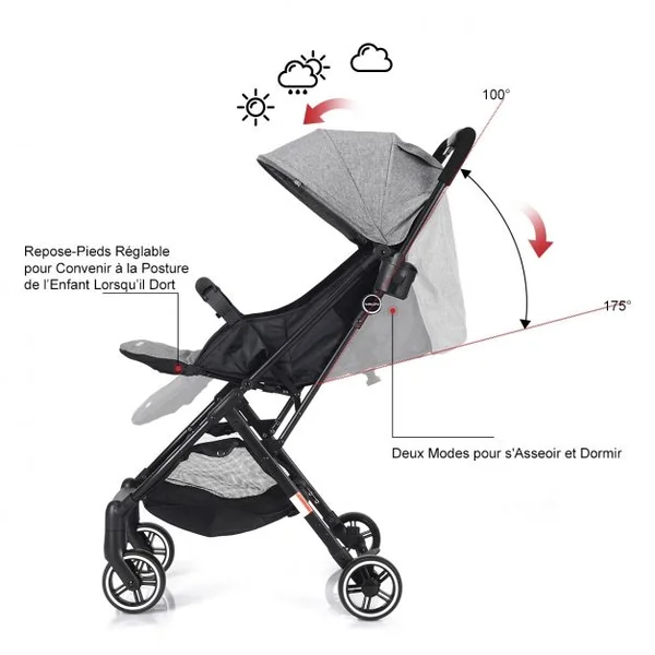 Poussette bébé enfant 2 en 1 avec la Ceinture de sécurité 5 Points Pliable Ultra compacte, 81x47,5x104cm, Gris