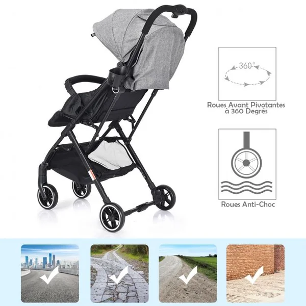 Poussette bébé enfant 2 en 1 avec la Ceinture de sécurité 5 Points Pliable Ultra compacte, 81x47,5x104cm, Gris