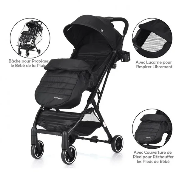 Poussette bébé enfant 2 en 1 avec la Ceinture de sécurité 5 Points, Pliable Ultra compacte, 81x47,5x104cm, Noir
