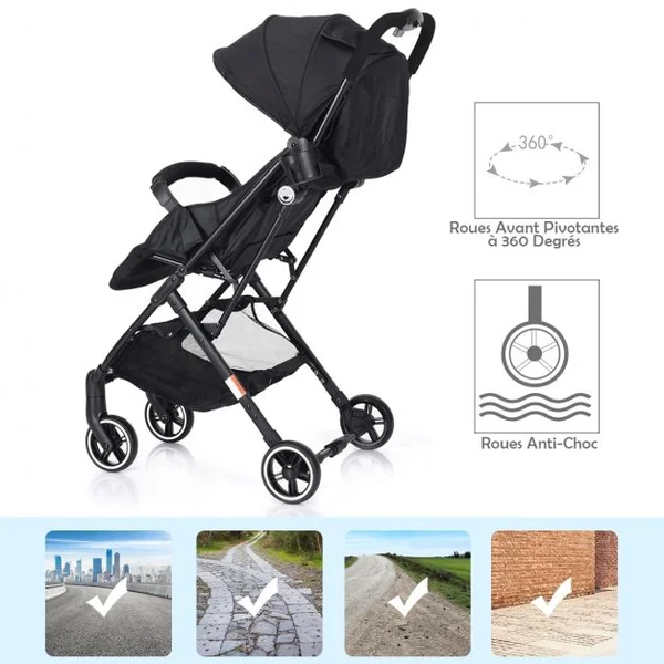 Poussette bébé enfant 2 en 1 avec la Ceinture de sécurité 5 Points, Pliable Ultra compacte, 81x47,5x104cm, Noir