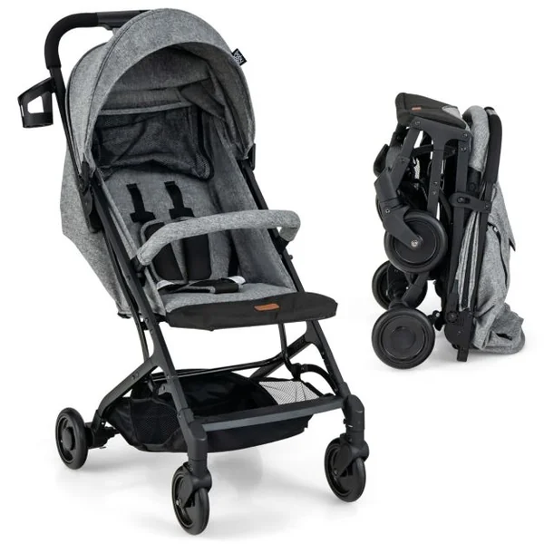 Poussette Bébé Pliable à une Main Conception Bagages avec Poignée Rétractable Rideau Arrière Enroulé Dossier Réglable Gris
