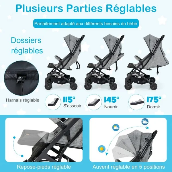 Poussette Bébé Pliable à une Main Conception Bagages avec Poignée Rétractable Rideau Arrière Enroulé Dossier Réglable Gris