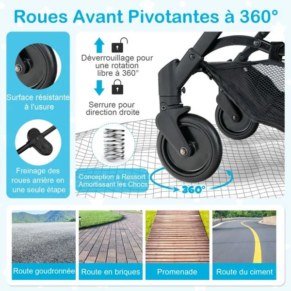 Poussette Bébé Pliable à une Main Conception Bagages avec Poignée Rétractable Rideau Arrière Enroulé Dossier Réglable Gris