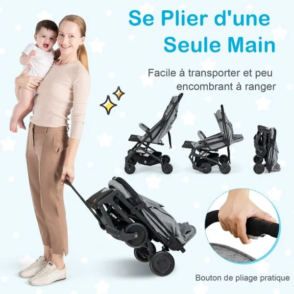 Poussette Bébé Pliable à une Main Conception Bagages avec Poignée Rétractable Rideau Arrière Enroulé Dossier Réglable Gris