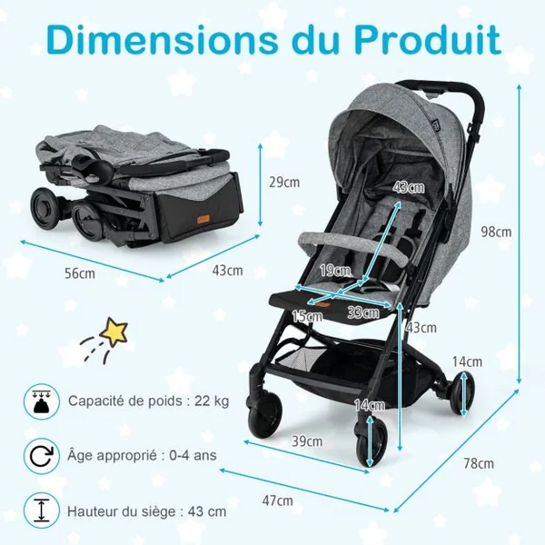 Poussette Bébé Pliable à une Main Conception Bagages avec Poignée Rétractable Rideau Arrière Enroulé Dossier Réglable Gris