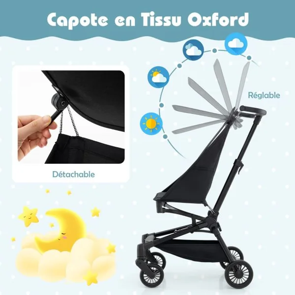 Poussette Compacte et Adaptée aux Avions avec Canopy Ajustable Grand Panier de Rangement pour Bébés 6-36 Mois Charge 15 kg Noir