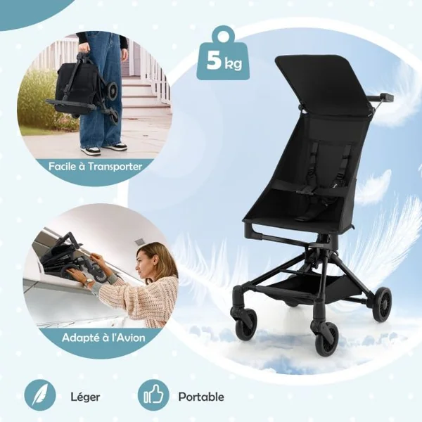 Poussette Compacte et Adaptée aux Avions avec Canopy Ajustable Grand Panier de Rangement pour Bébés 6-36 Mois Charge 15 kg Noir