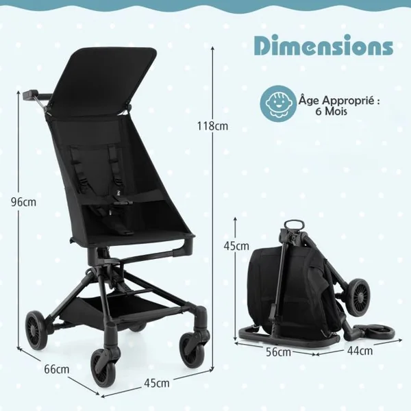 Poussette Compacte et Adaptée aux Avions avec Canopy Ajustable Grand Panier de Rangement pour Bébés 6-36 Mois Charge 15 kg Noir